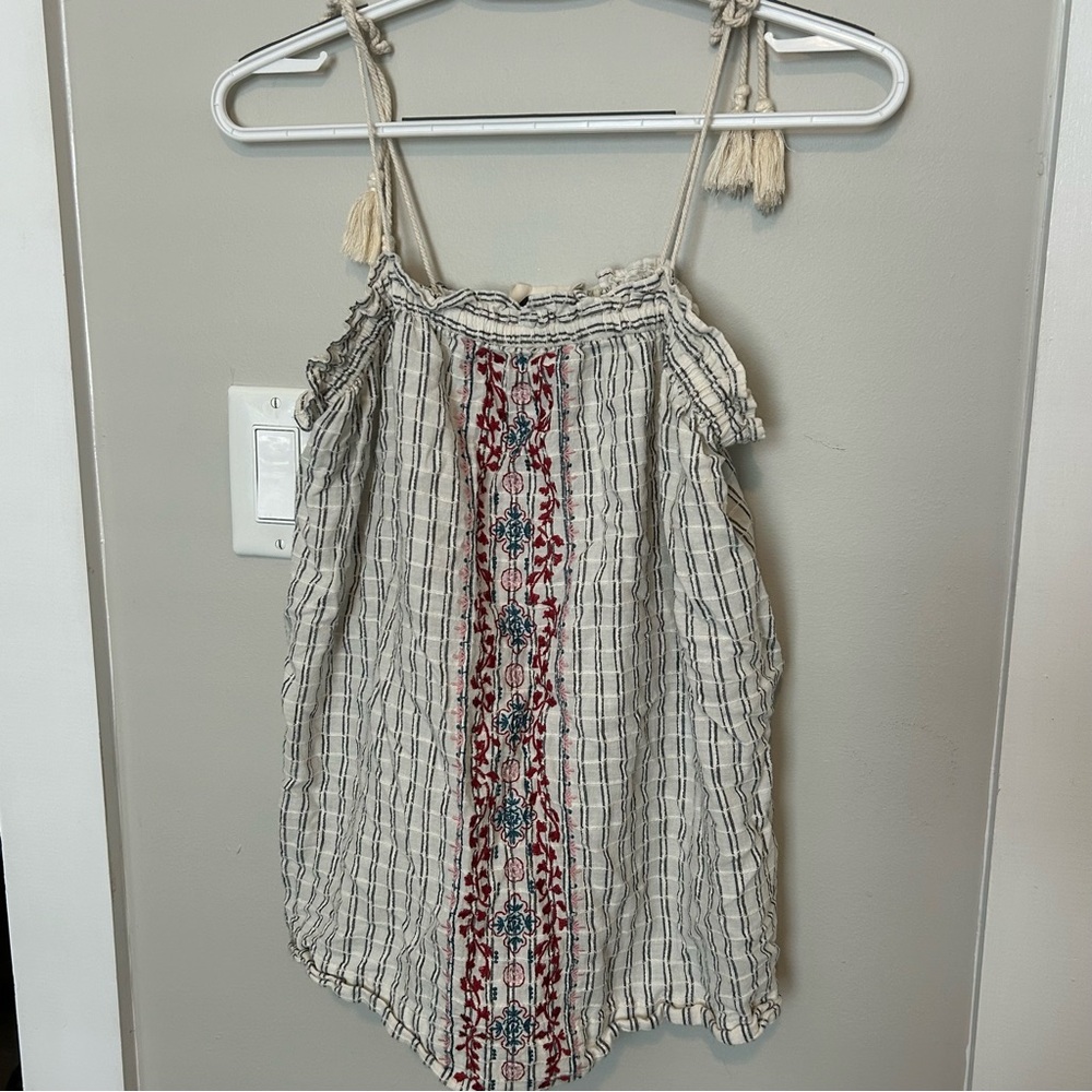 Target Cream Striped Spaghetti-Strap Tank with Red & Teal Embroidery